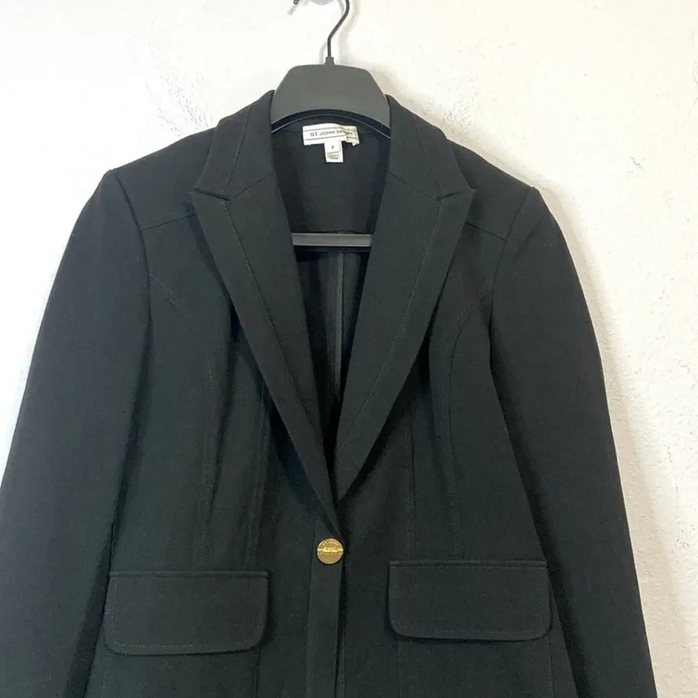 Vintage St John Sport Women Black Cotton Blend with Gold Button Blazer Size 4